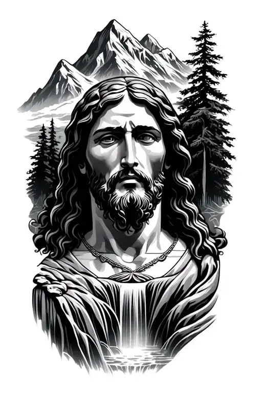 mountin with waterfall and jesus christ head  tattoo design idea