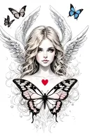 butterflies flying heart sexy blond girl angel watching tattoo design idea