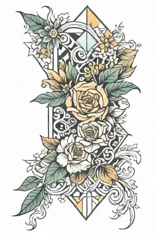geometric Imperial banner flowers growing tattoo design idea