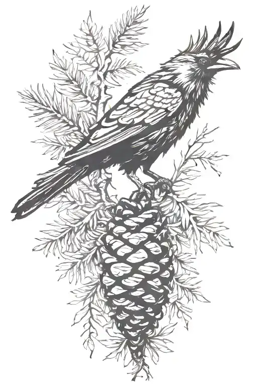 raven pine cone, pin branch, tattoo design idea