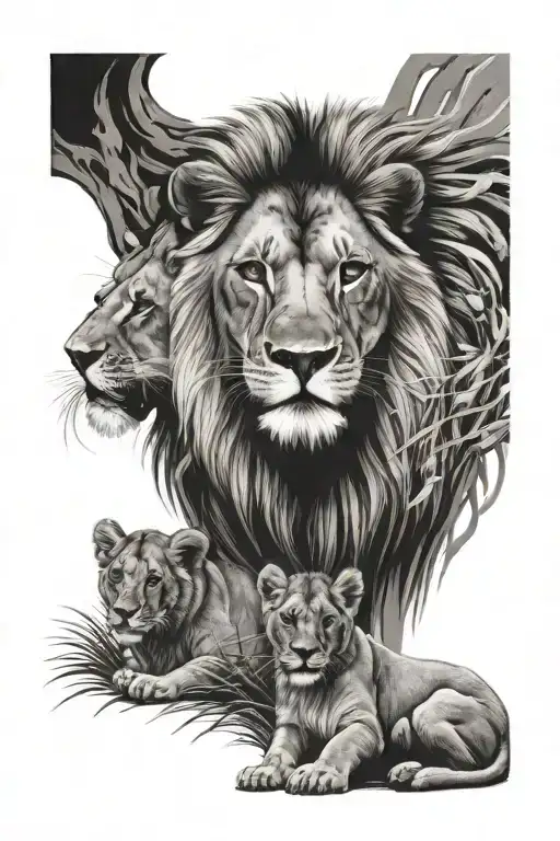 lion with 3 cubs tattoo design idea