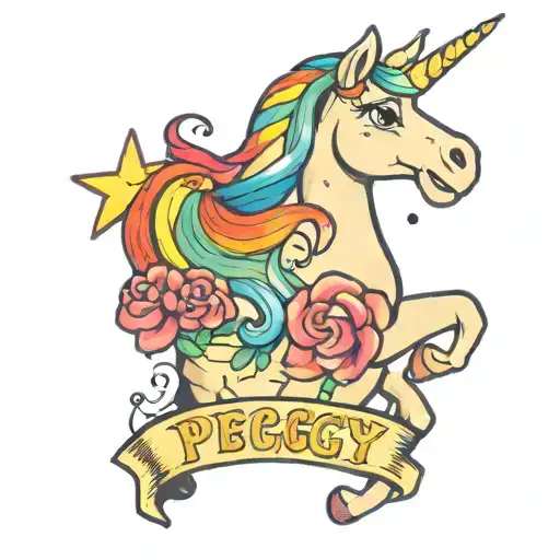 the name Peggy written with a unicorn and rainbow  tattoo design idea