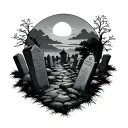 graveyard scene with setting sun tattoo design idea