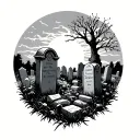 graveyard scene with setting sun tattoo design idea