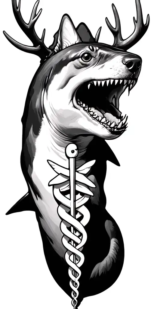 shark, medical caduceus, fishing, antlers, dogs, cats tattoo design idea