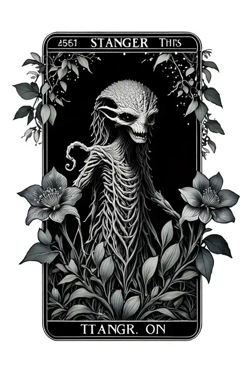 stranger things tarot card black and white with a demogorgon, vines, iris and hellebore flowers, Christmas lights tattoo design idea