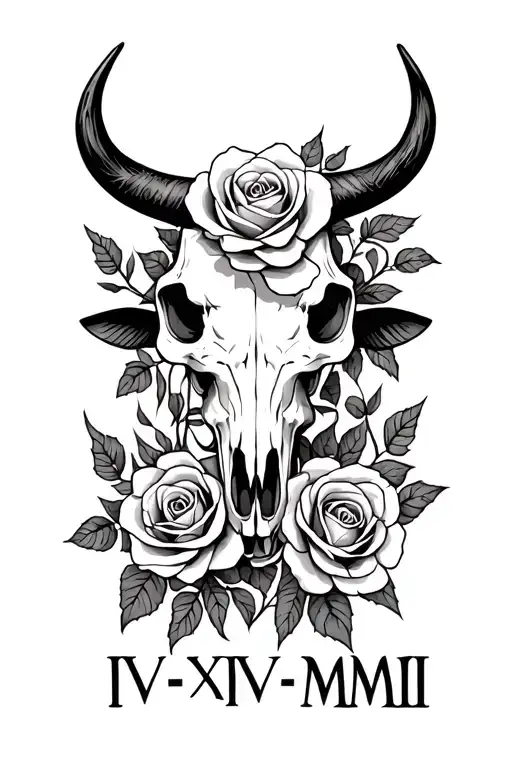 "IV-XXIV-MMII" Bull Skull with roses tattoo design idea