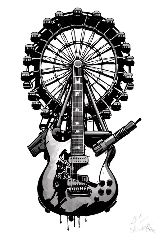 make a sketch on rgre stalker add a ferris wheel, guitar, machine gun,  tattoo design idea