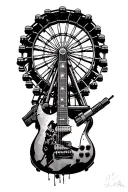 make a sketch on rgre stalker add a ferris wheel, guitar, machine gun,  tattoo design idea