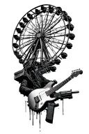make a sketch on rgre stalker add a ferris wheel, guitar, machine gun,  tattoo design idea