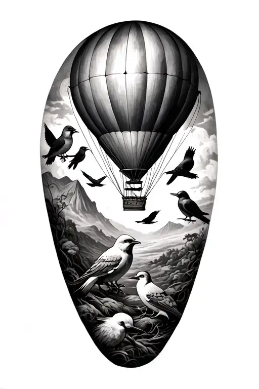 pretty zombie sleeve tattoo featuring 5 birds and a hot air balloon tattoo design idea