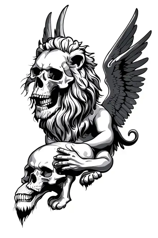 skull wings flying angel lion pray tattoo design idea
