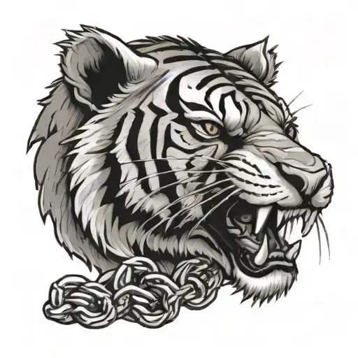 a tiger with a vicious grin, which tears a steel chain with its teeth tattoo design idea