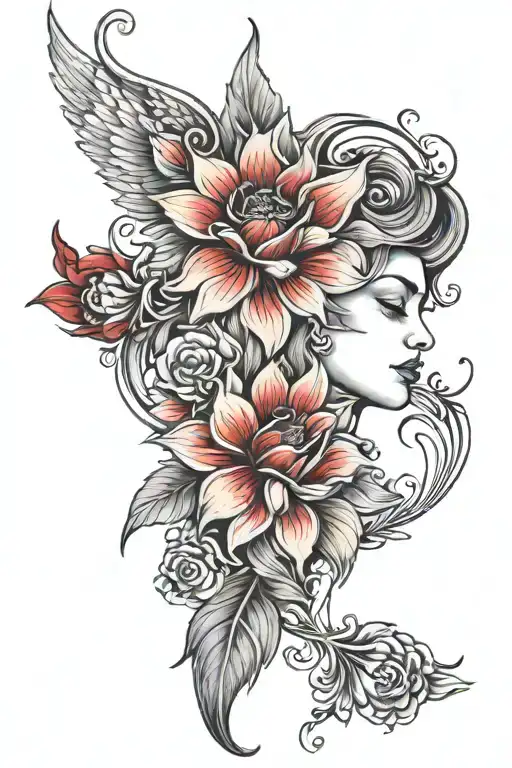 red flower that goes from the neck out to half the arm. between those flowers there should be three angel babies who are tattoo design idea