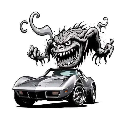 76 Corvette with a monster hanging out the top ratfink cartoon style  tattoo design idea