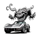 76 Corvette with a monster hanging out the top ratfink cartoon style  tattoo design idea