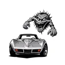 76 Corvette with a monster hanging out the top ratfink cartoon style  tattoo design idea