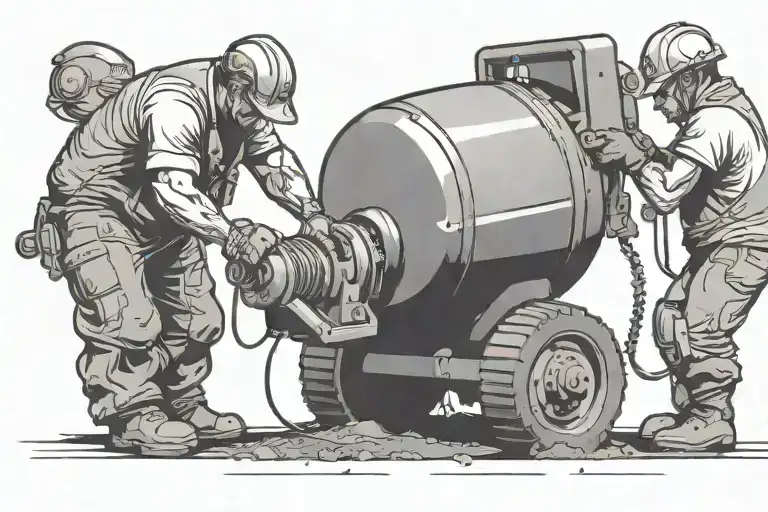 The two characters facing each other with a jackhammer and cement mixer as though they are fixing a back vertabrae tattoo design idea