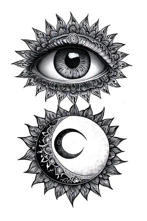 Eye with mandala sun and moon tattoo design idea