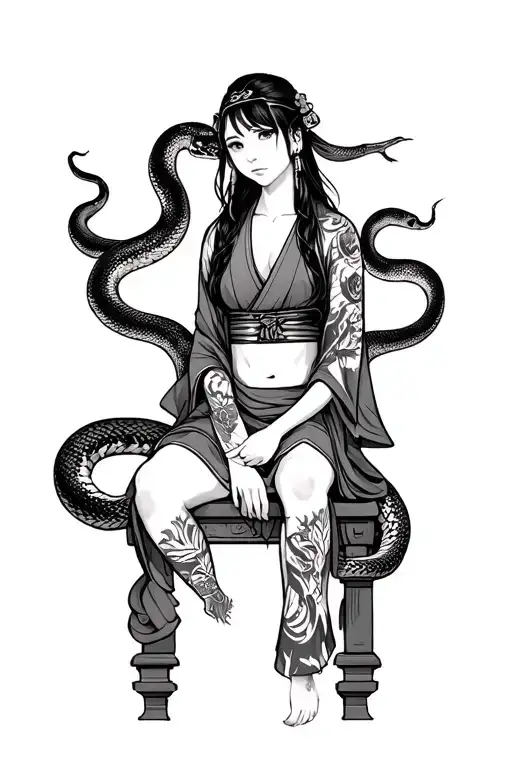 Japanese girl sitting on shrine with snake protector tattoo design idea