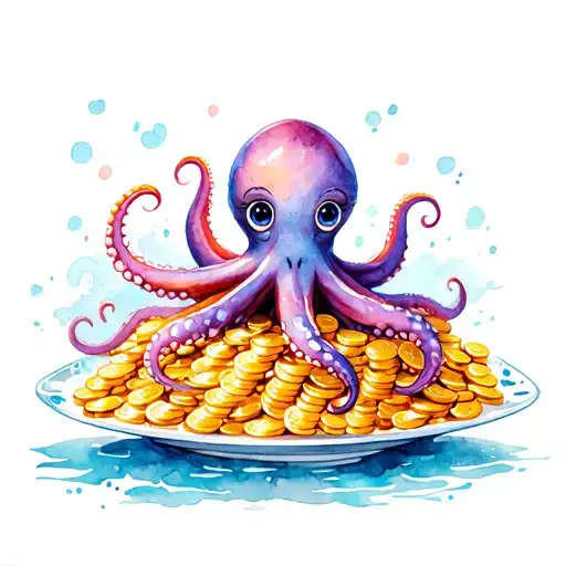 Realistic ocean with a treasure chest filled with gold coins,and an octopus stuck on a plate that has a cartoon face tattoo design idea