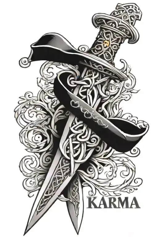 celtic dagger with the word karma inside the blade tattoo design idea