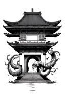 japanese temple with an octopus tentacle coming out the front door tattoo design idea