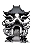 japanese temple with an octopus tentacle coming out the front door tattoo design idea