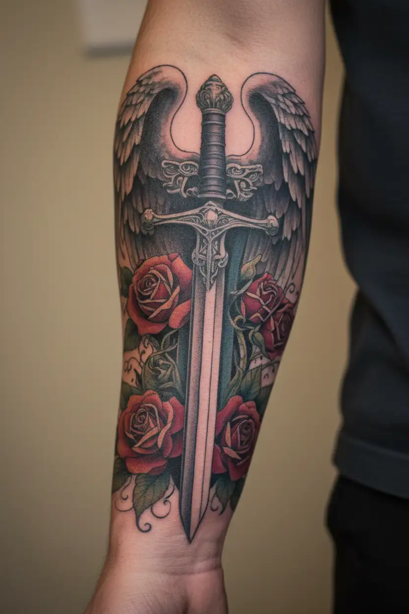 angel wings behind a sword, roses tattoo design idea