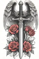 angel wings behind a sword, roses tattoo design idea