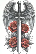 angel wings behind a sword, roses tattoo design idea
