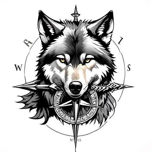 wolf and compass intertwined tattoo design idea