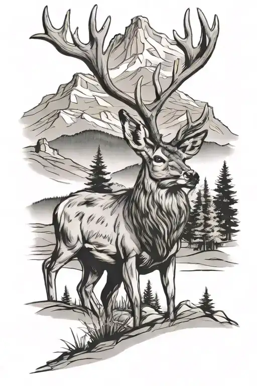 mule deer with trees and mountains behind it  tattoo design idea
