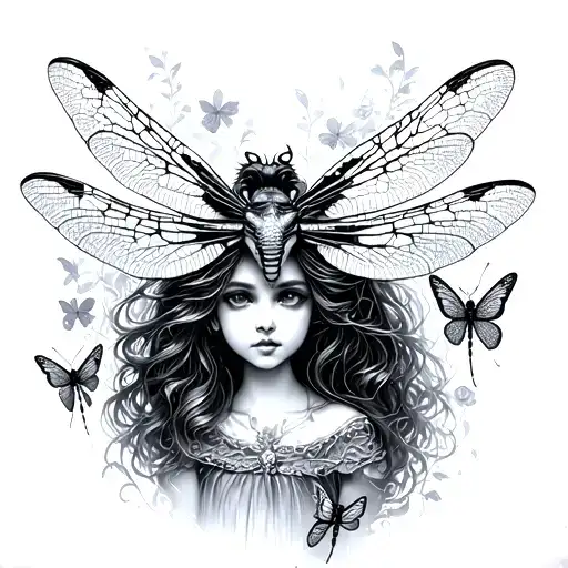 dragon flies and fairies peeking through representing tattoo design idea
