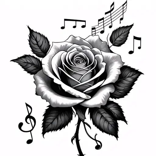 rose with music notes on the peddles tattoo design idea