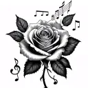 rose with music notes on the peddles tattoo design idea