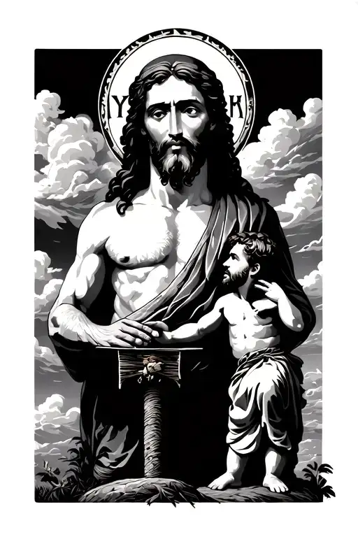 Yahweh Yireh in creative font with Abraham about to sacrifice his son Isaac, but up above is Gods face w clouds tattoo design idea