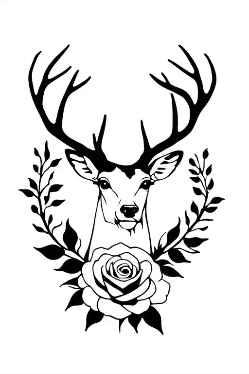 deer and rose intertwined black and white tattoo design idea