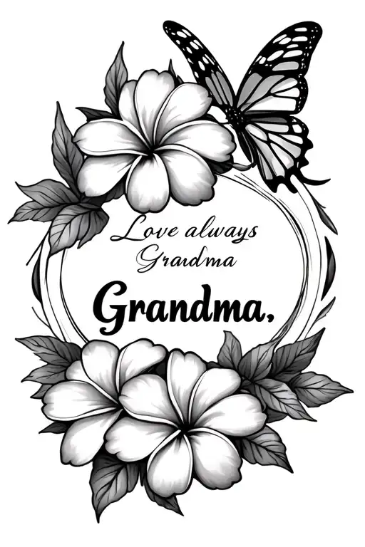"Love always, Grandma" plumeria and butterfly tattoo design idea