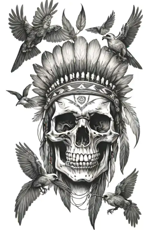  Native American skull with birds flying around it tattoo design idea