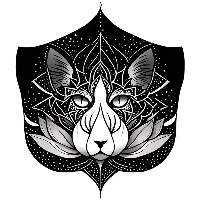 Elegant tattoo design to cover an old cat tattoo on the back of a woman's neck. The design should incorporate a sacred geometric element, like a lotus flower or mandala, flowing gently upward along the spine. Fine line or dotwork style only, no solid black patches. Feminine, graceful, spiritual. Design must integrate naturally with the neck anatomy and leave room for future vertical tattoo expansion down the spine (like a phoenix). The new tattoo should fully disguise the old one without being heavy or dark. Black and grey ink only. tattoo design idea