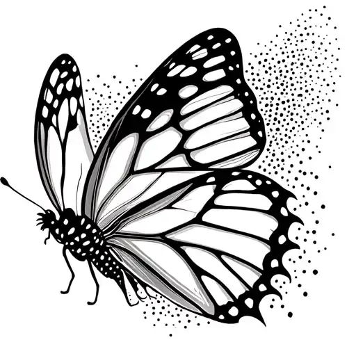 Black and white butterfly rising as if flying leaving a trail, but this trail must be dotted tattoo design idea