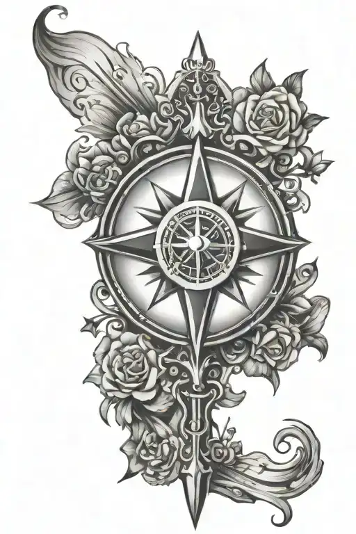 A black-grey tattoo of a traditional orthodox cross combined with a compass rose, representing your faith and passion for exploration tattoo design idea