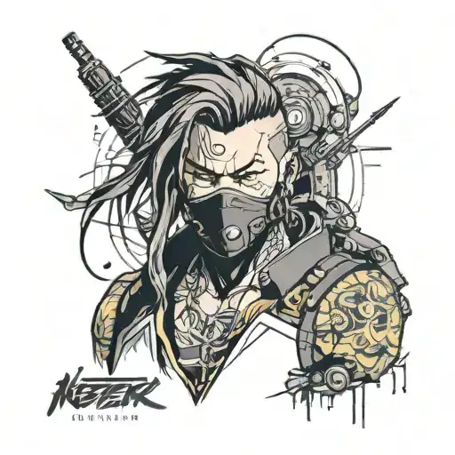 "never fade away" in the style of cyberpunk 2077 character immersed tattoo design idea