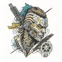 "never fade away" in the style of cyberpunk 2077 character immersed tattoo design idea