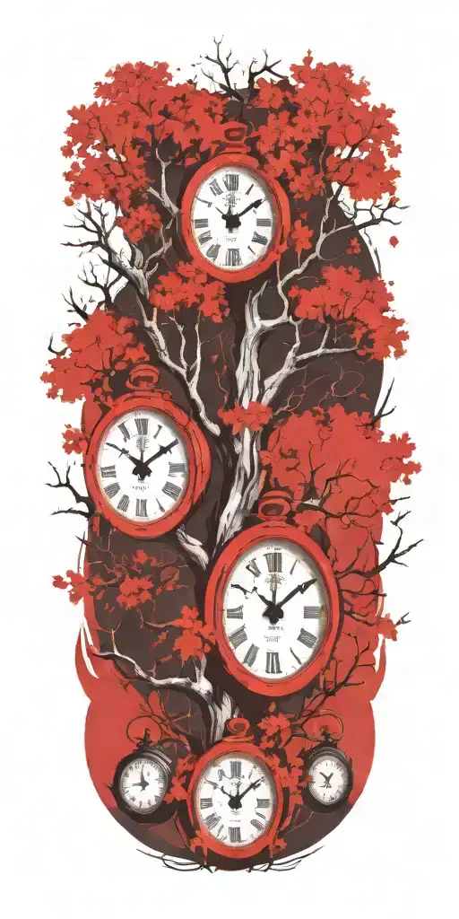 oak tree branches with three clocks integrated into it for an arm sleeve tattoo design idea