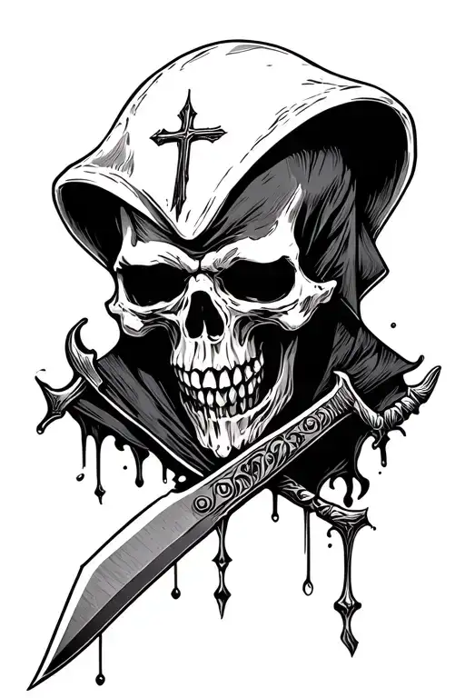 grim reaper head with cross knife stabbed through the top of his skull tattoo design idea