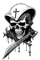 grim reaper head with cross knife stabbed through the top of his skull tattoo design idea