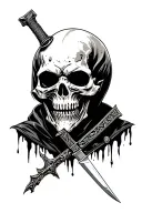 grim reaper head with cross knife stabbed through the top of his skull tattoo design idea
