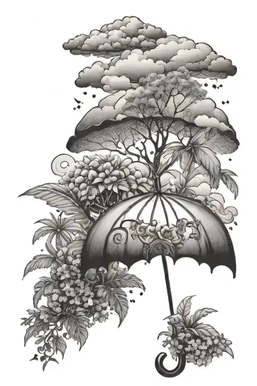 plam trees , umbrella , gods angels, clouds tattoo design idea